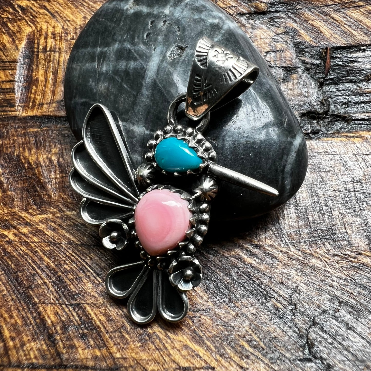 Pink Conch & Kingman Turquoise Hummingbird Sterling Silver Pendant