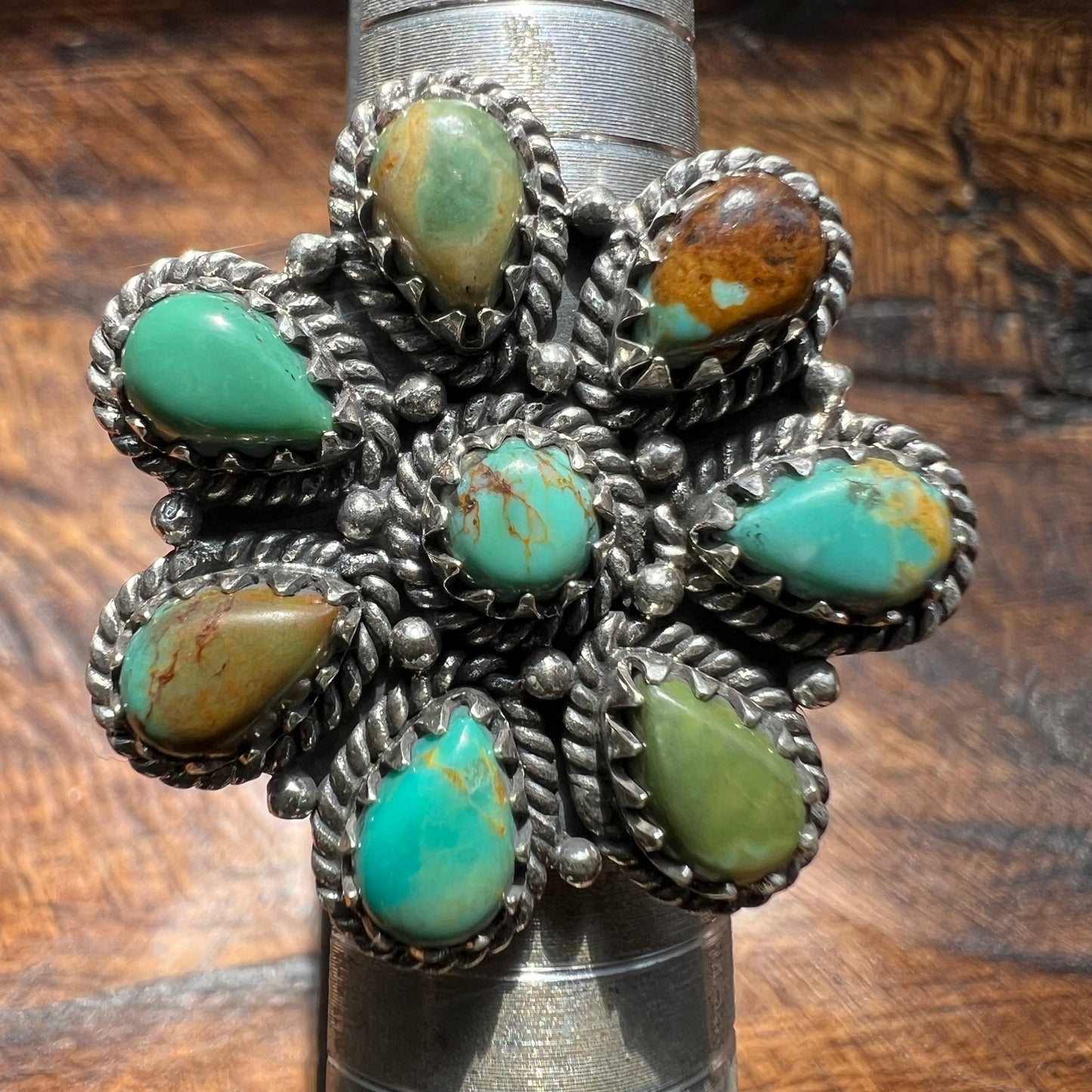 Kingman Turquoise Floral Cluster Ring in Sterling Silver
