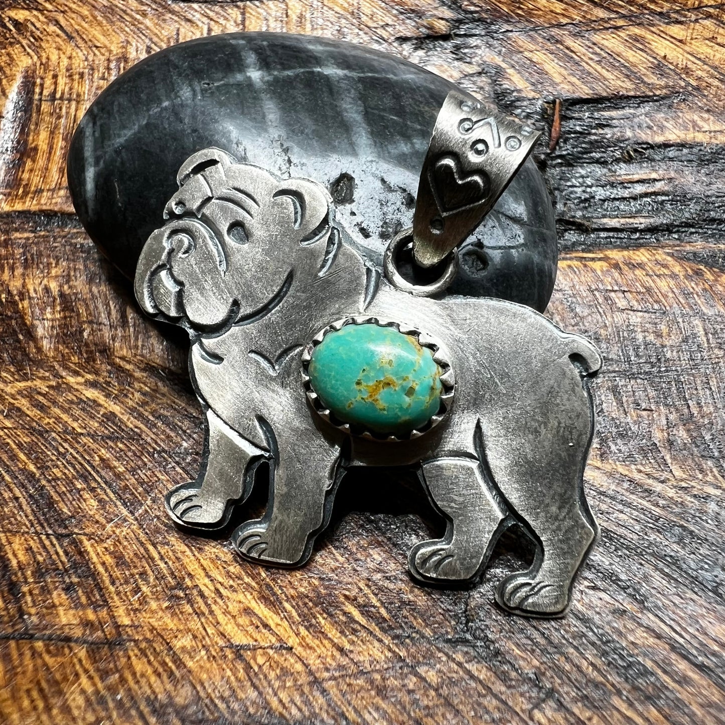 Sterling Silver Kingman Turquoise Bulldog Dog Pendant
