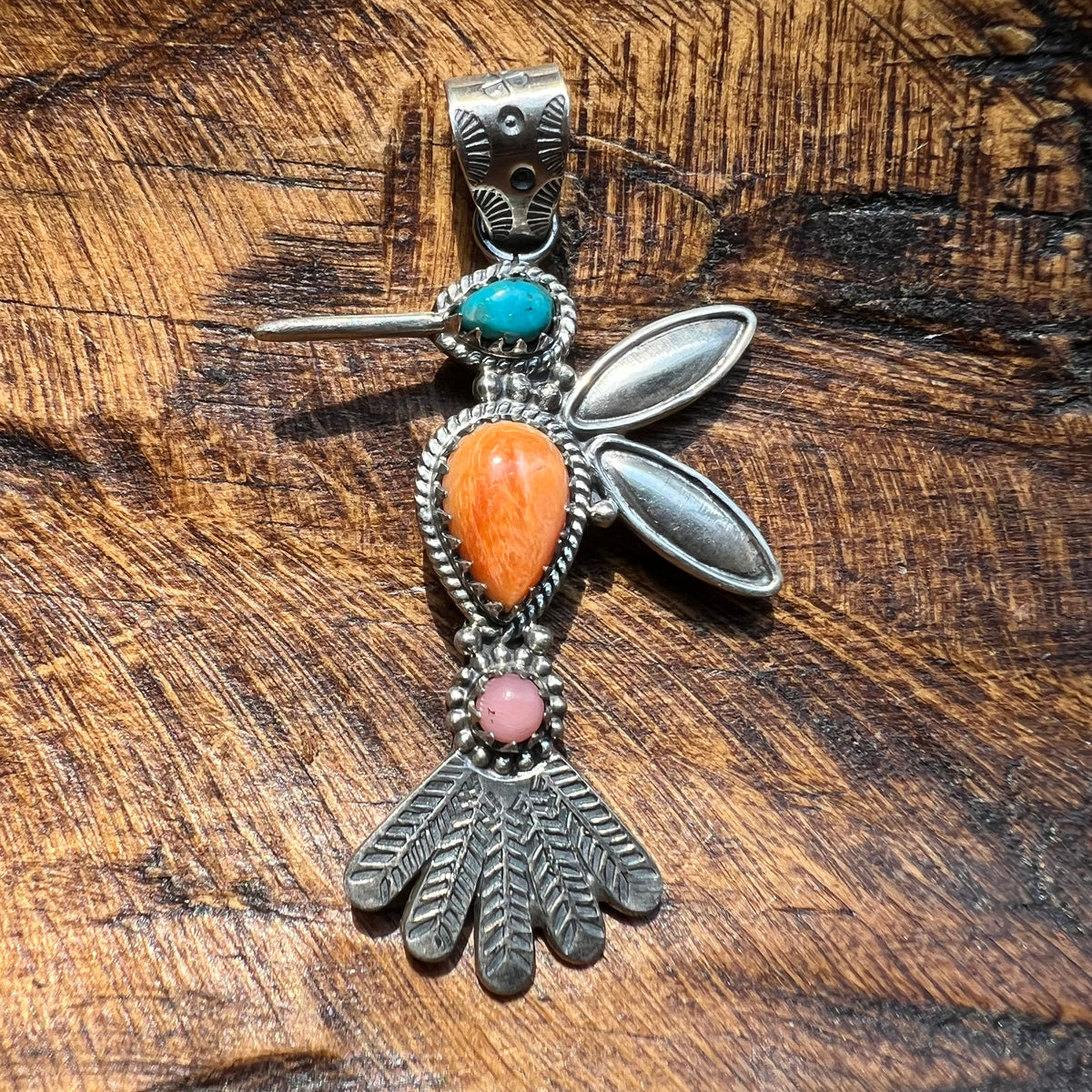 Sterling Silver Multi-Stone Hummingbird Pendant | Turquoise or Spiny Oyster
