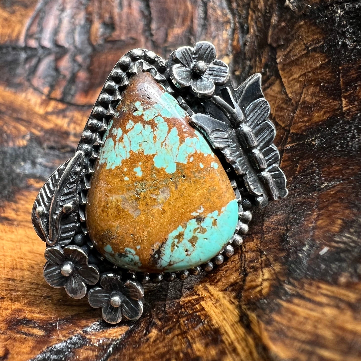 925 Sterling Silver Kingman Turquoise Floral Butterfly Statement Ring Sz 9