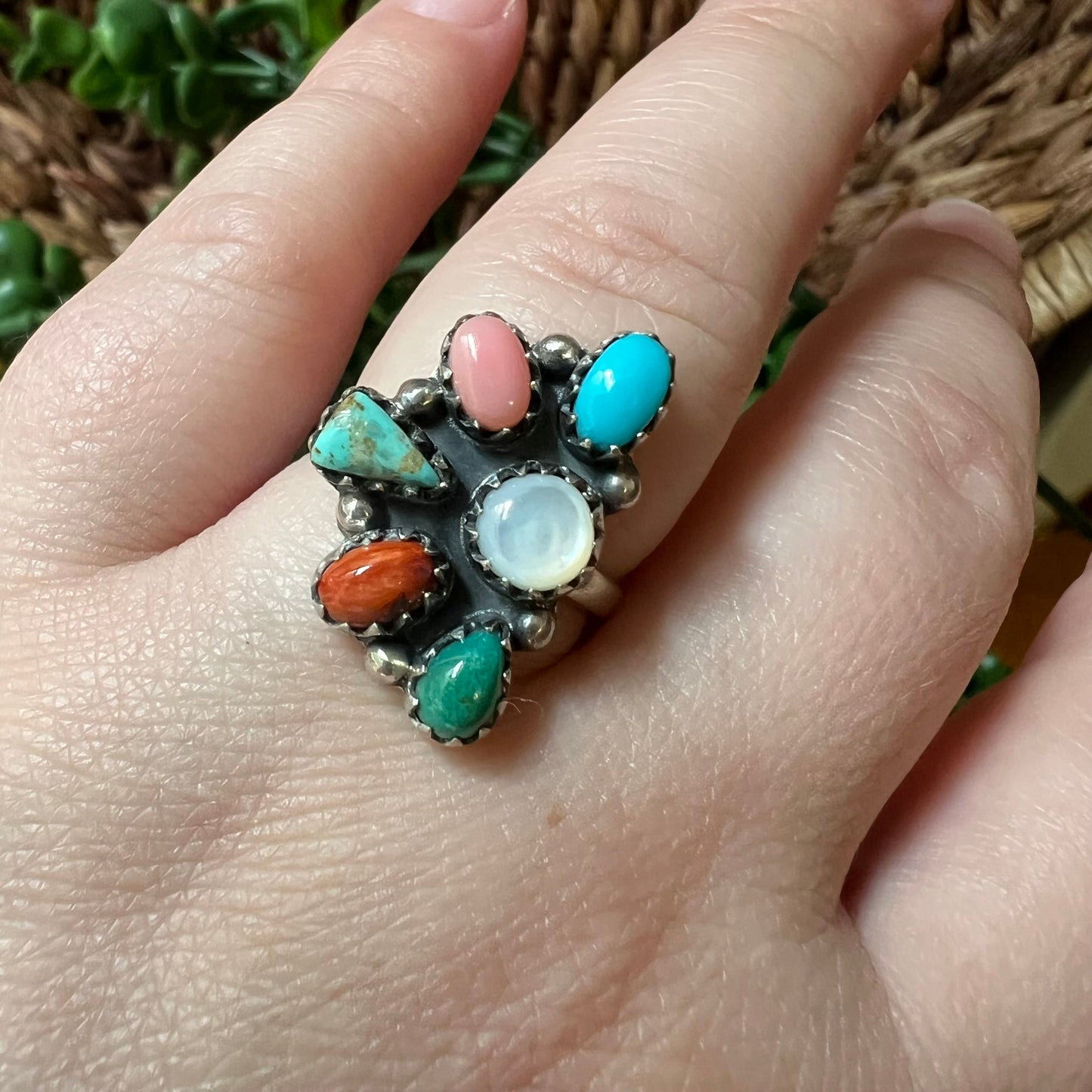 Sterling Silver Kingman Turquoise Spiny Oyster Conch Multi Stone Ring Sz 9 (Adjustable)