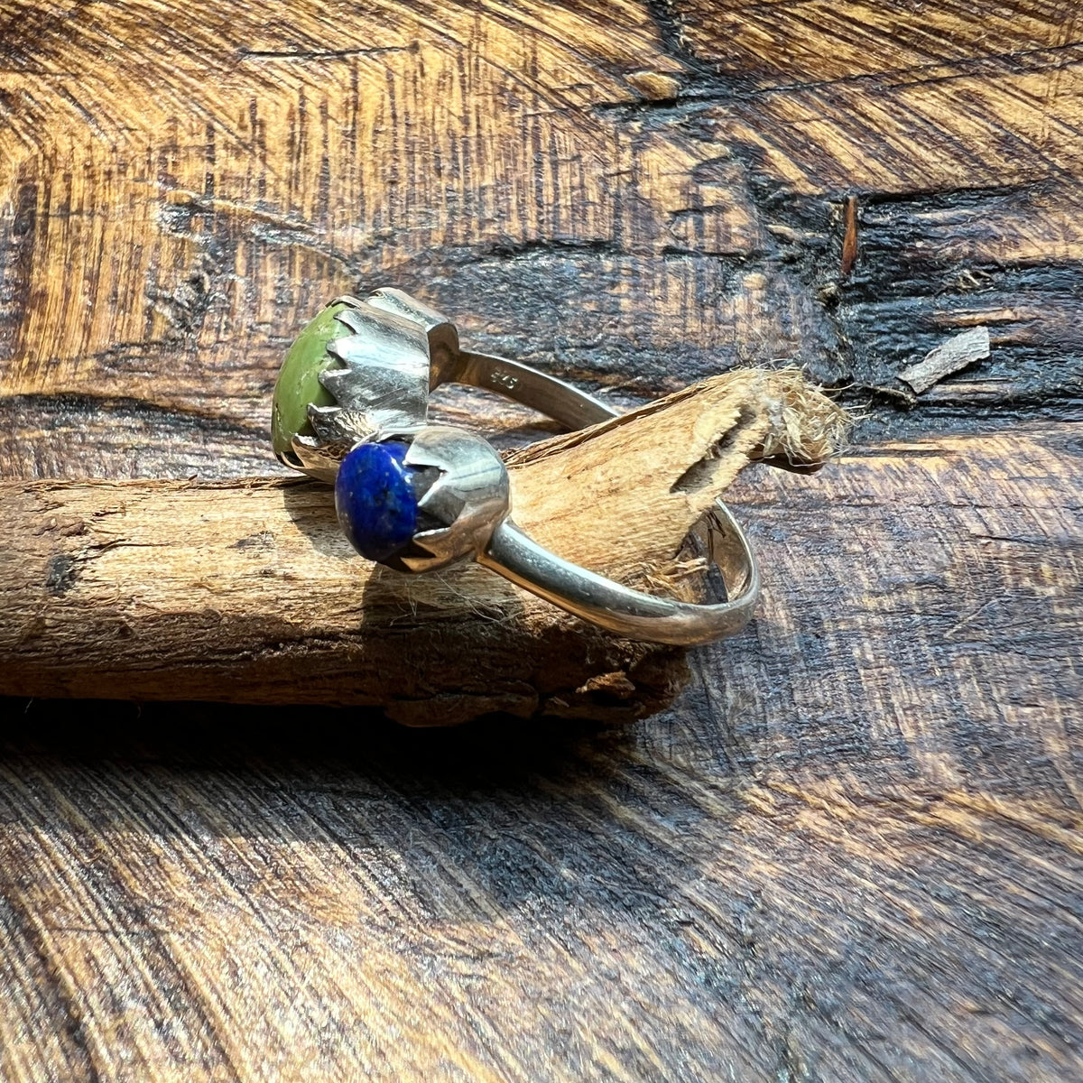 Sterling Silver Kingman Turquoise & Lapis Lazuli Three-Stone Ring