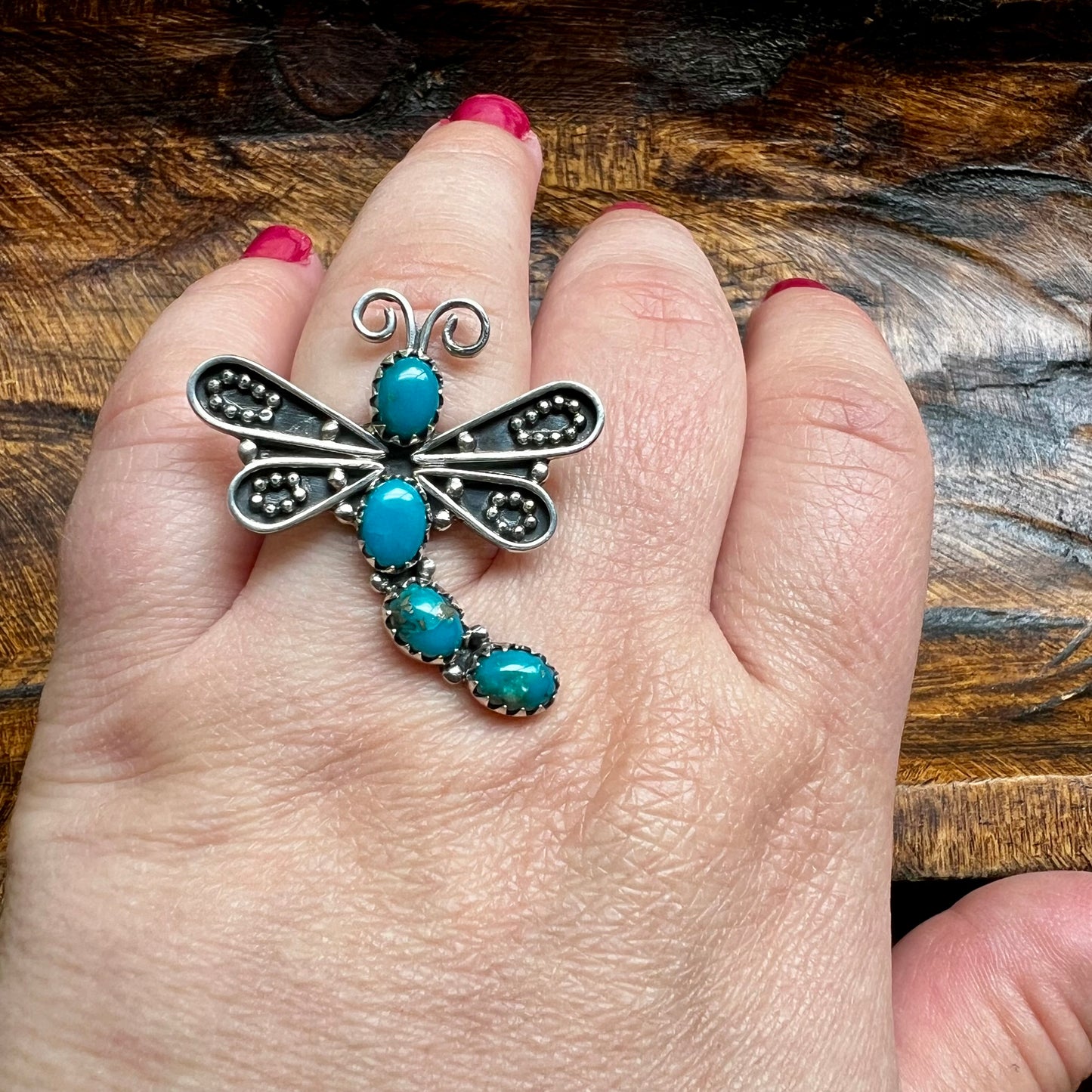 Handcrafted Sterling Silver Kingman Turquoise Dragonfly Ring – Size 8.5