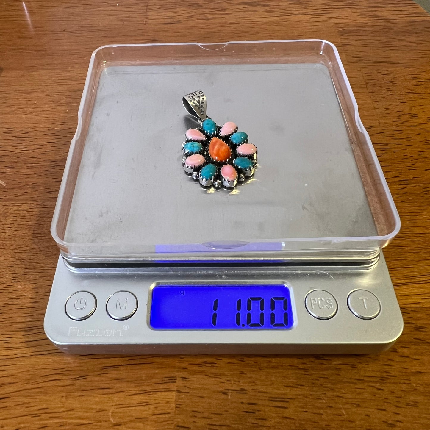 Sterling Kingman Turquoise Queen Conch Spiny Oyster Cluster Pendant
