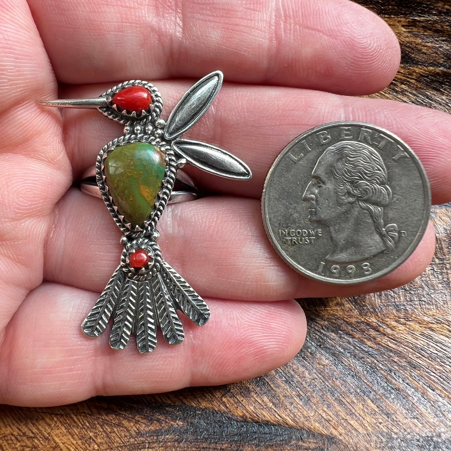Sterling Silver Hummingbird Ring Kingman Turquoise & Red Coral Size 7