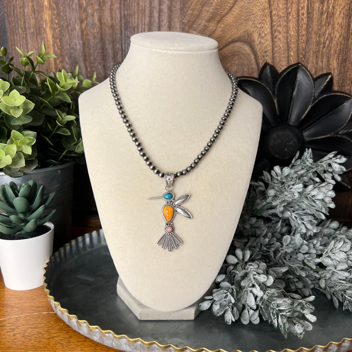 Sterling Silver Multi-Stone Hummingbird Pendant | Turquoise or Spiny Oyster