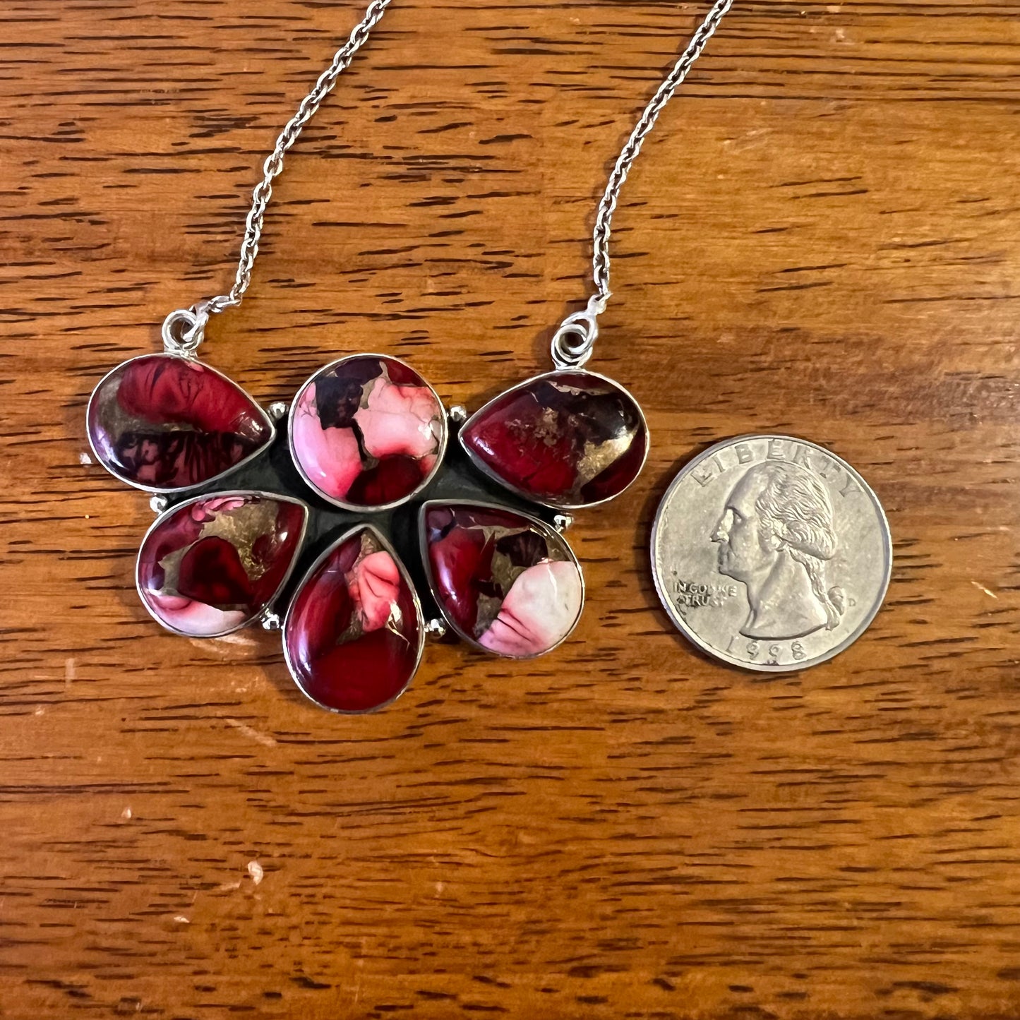 Sterling Silver Red Dahlia Statement Cluster Pendant Necklace