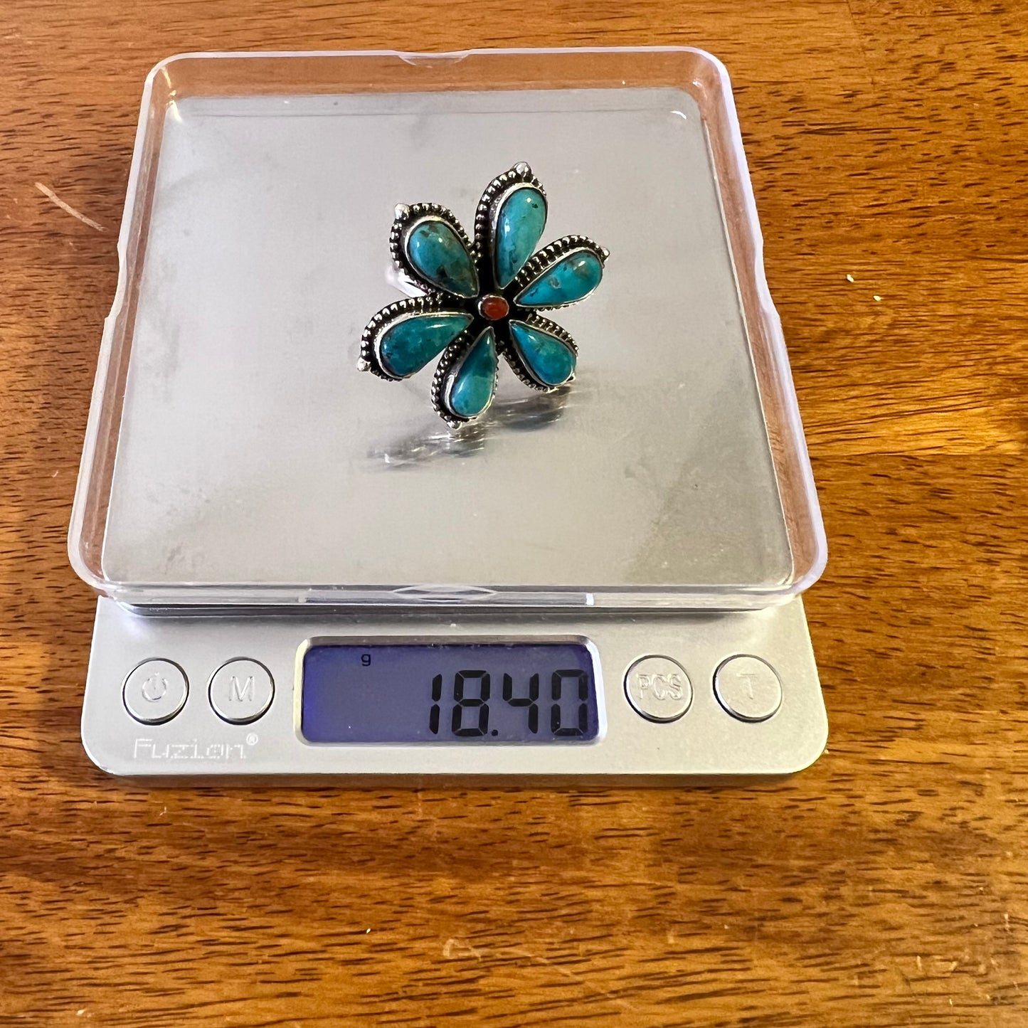 Kingman Turquoise Flower Ring with Italian Red Coral Center | Sterling Silver Statement Ring Size 9