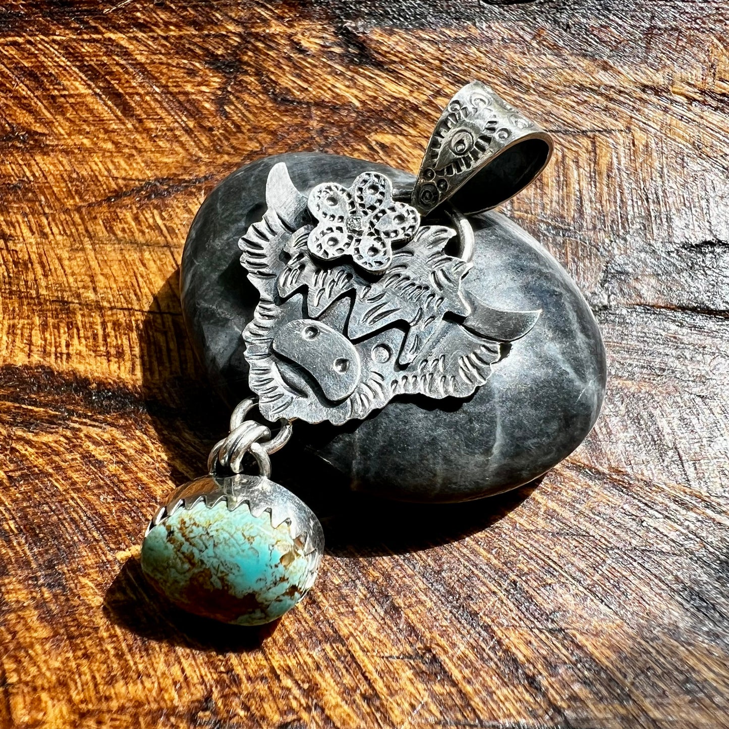 Highland Cow Kingman Turquoise Sterling Silver Pendant
