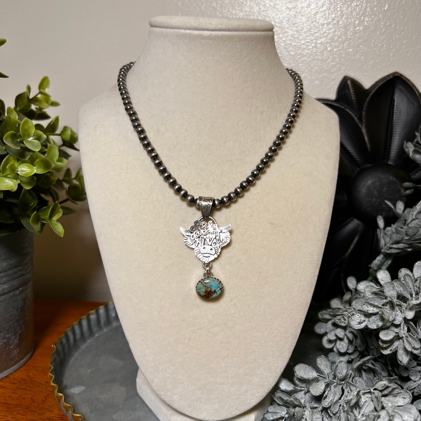 Highland Cow Kingman Turquoise Sterling Silver Pendant