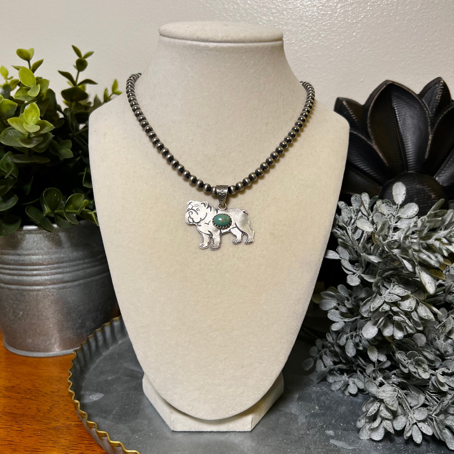 Sterling Silver Kingman Turquoise Bulldog Dog Pendant