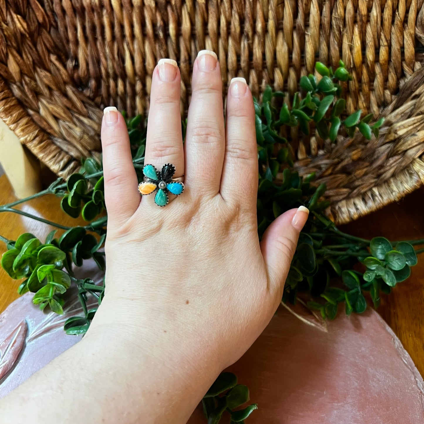 Sterling Silver Multi-Stone Flower Spinner Ring | Southwestern