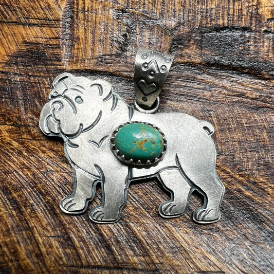 Sterling Silver Kingman Turquoise Bulldog Dog Pendant