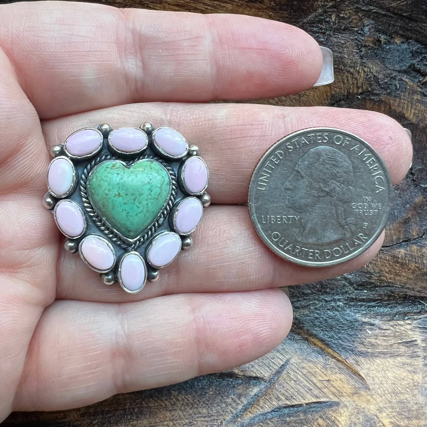 Kingman Heart & Queen Conch Cluster Ring — Sterling Silver Statement (Size ~9¼)