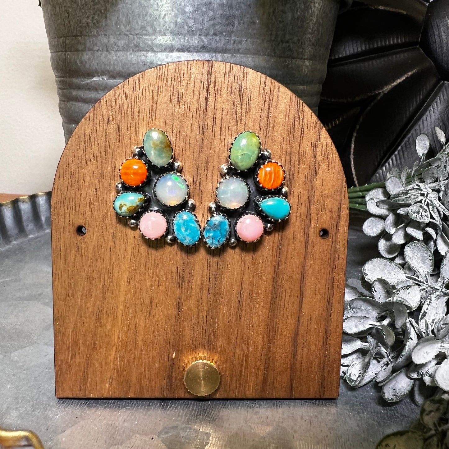 Multistone Cluster Earrings in Sterling Silver | Turquoise, Opal, Pink Conch & Spiny Oyster