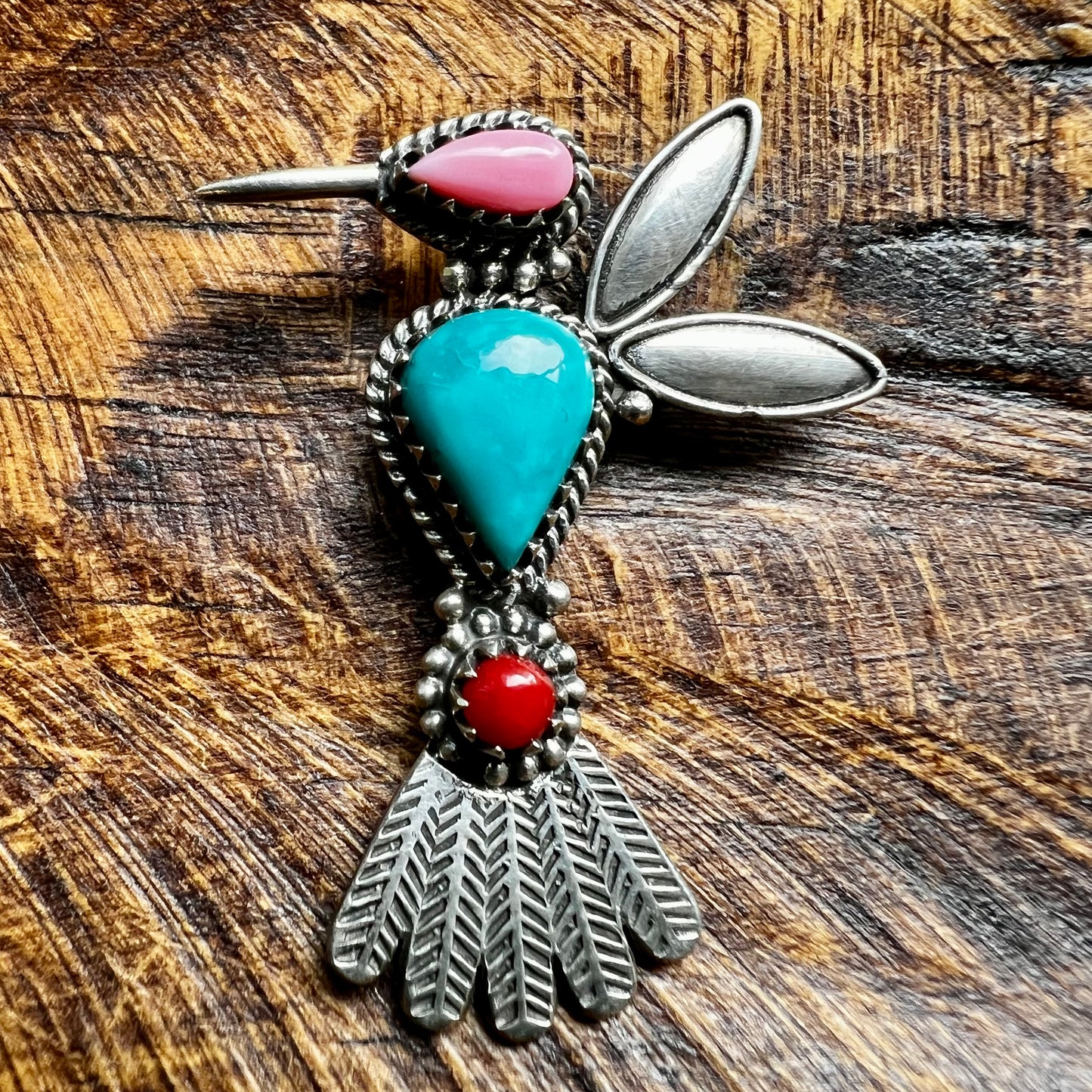 Sterling Kingman Turquoise Queen Conch Coral Hummingbird Brooch Pin