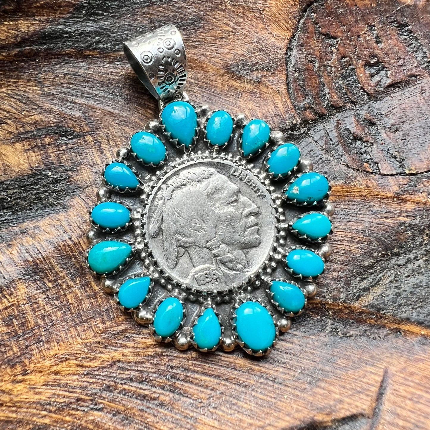 1936 Buffalo Nickel & Kingman Turquoise Cluster Pendant