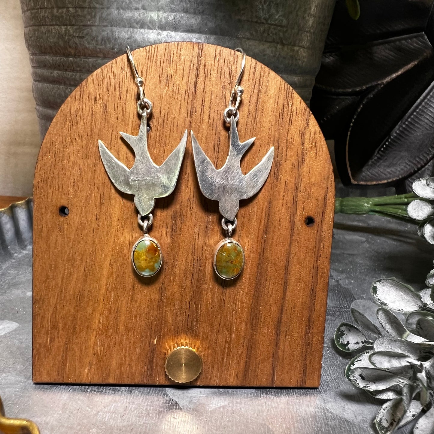 Sterling Silver Bird Earrings with Kingman Turquoise
