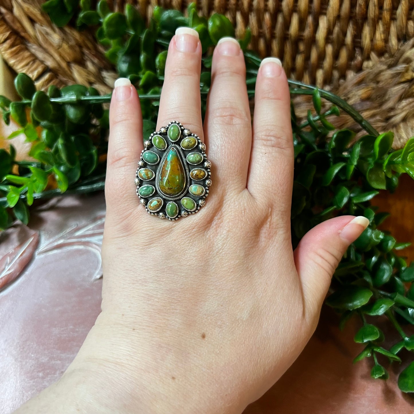 Sterling Silver Kingman Turquoise Cluster Ring Size 8.25 Statement
