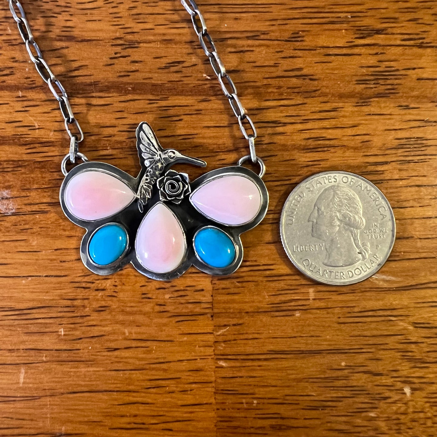 Pink Conch, Turquoise & Sterling Silver Hummingbird Necklace