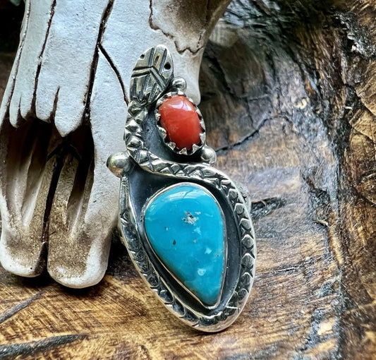 Kingman Turquoise & Italian Red Coral Snake Ring
