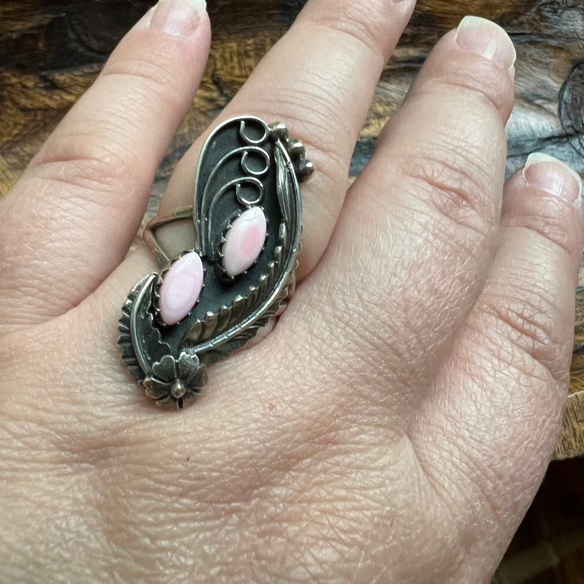 Sterling Silver Queen Conch Double Stone Floral Leaf Ring Size 8