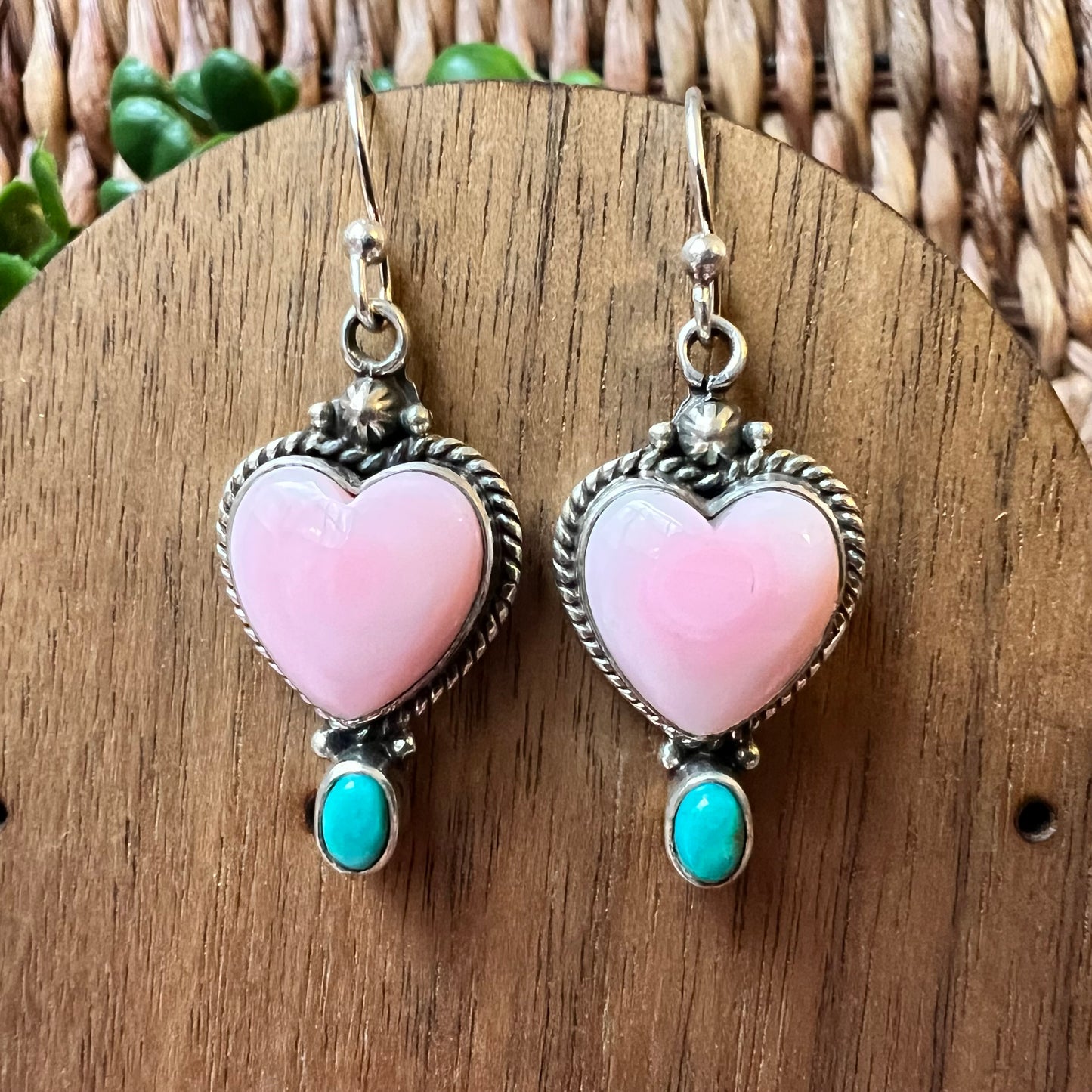 Pink Queen Conch Heart & Turquoise Dangle Earrings – Sterling Silver