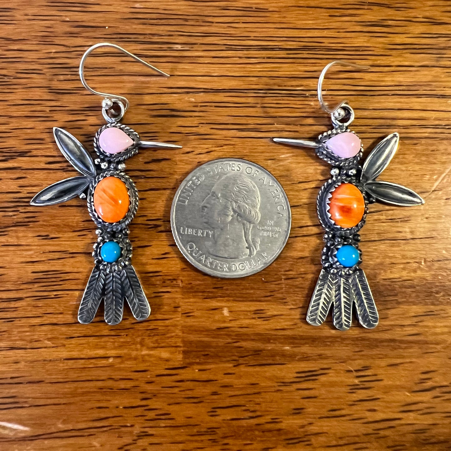 Multi-Stone Hummingbird Earrings – Pink Conch, Spiny Oyster & Turquoise