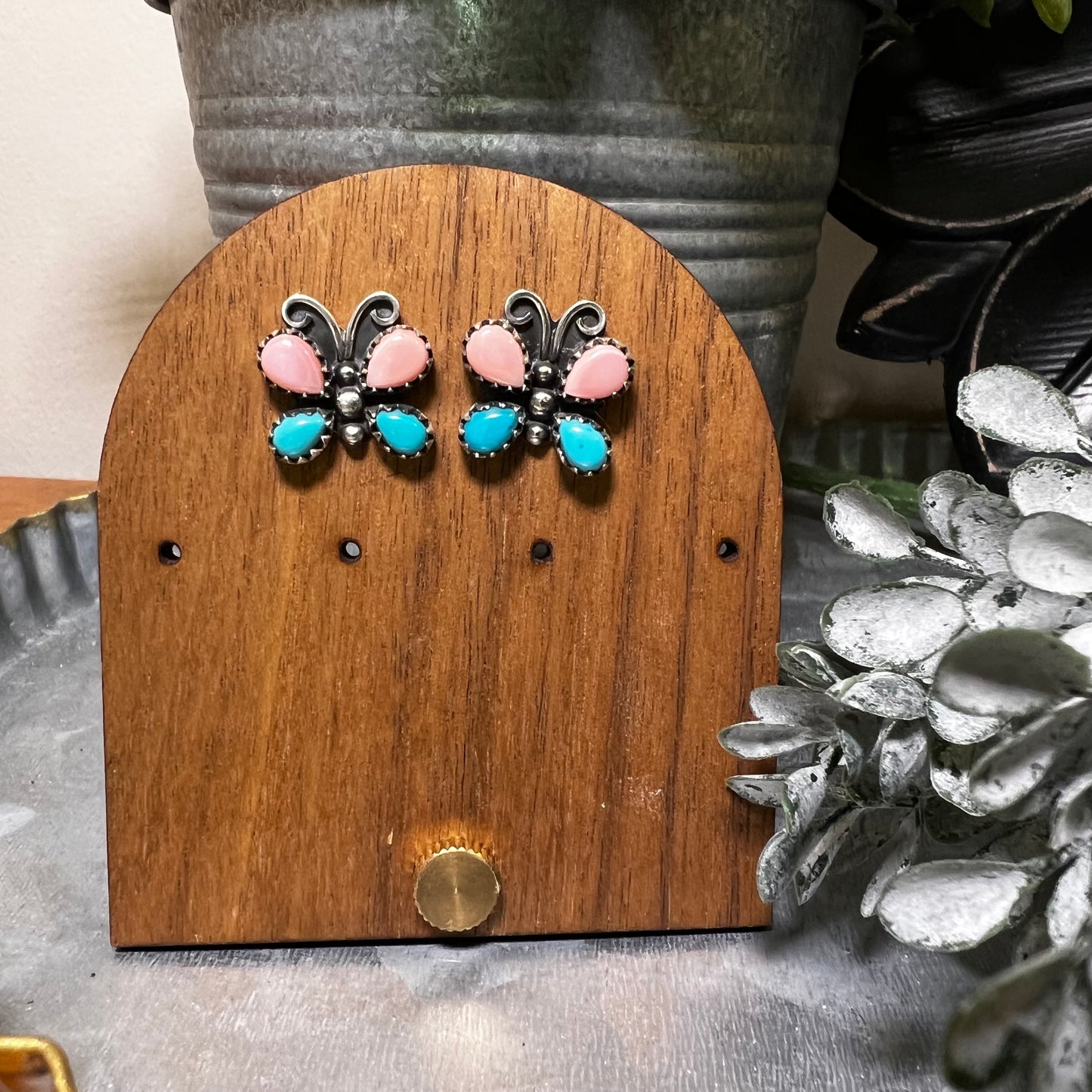 Sterling Silver Queen Conch & Kingman Turquoise Butterfly Stud Earrings