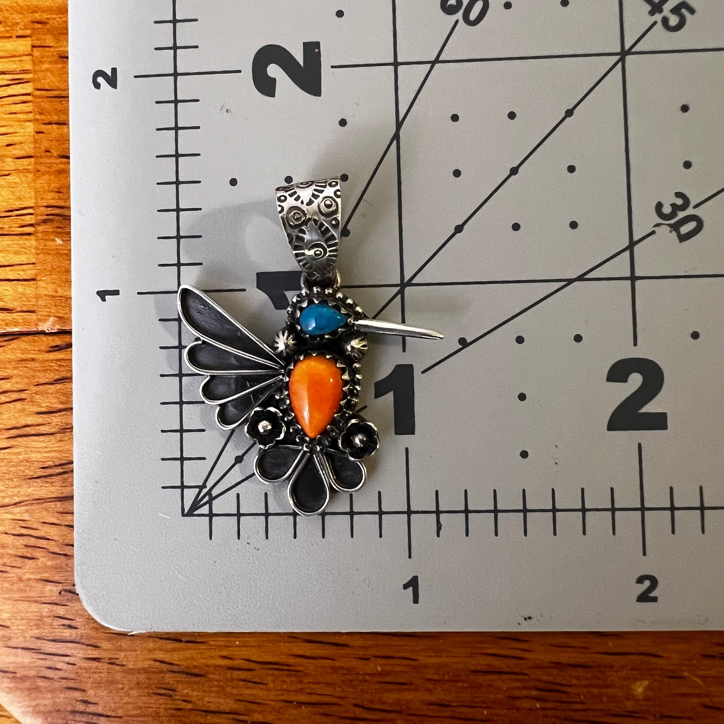 Sterling Silver Kingman Turquoise & Spiny Oyster Hummingbird Pendant