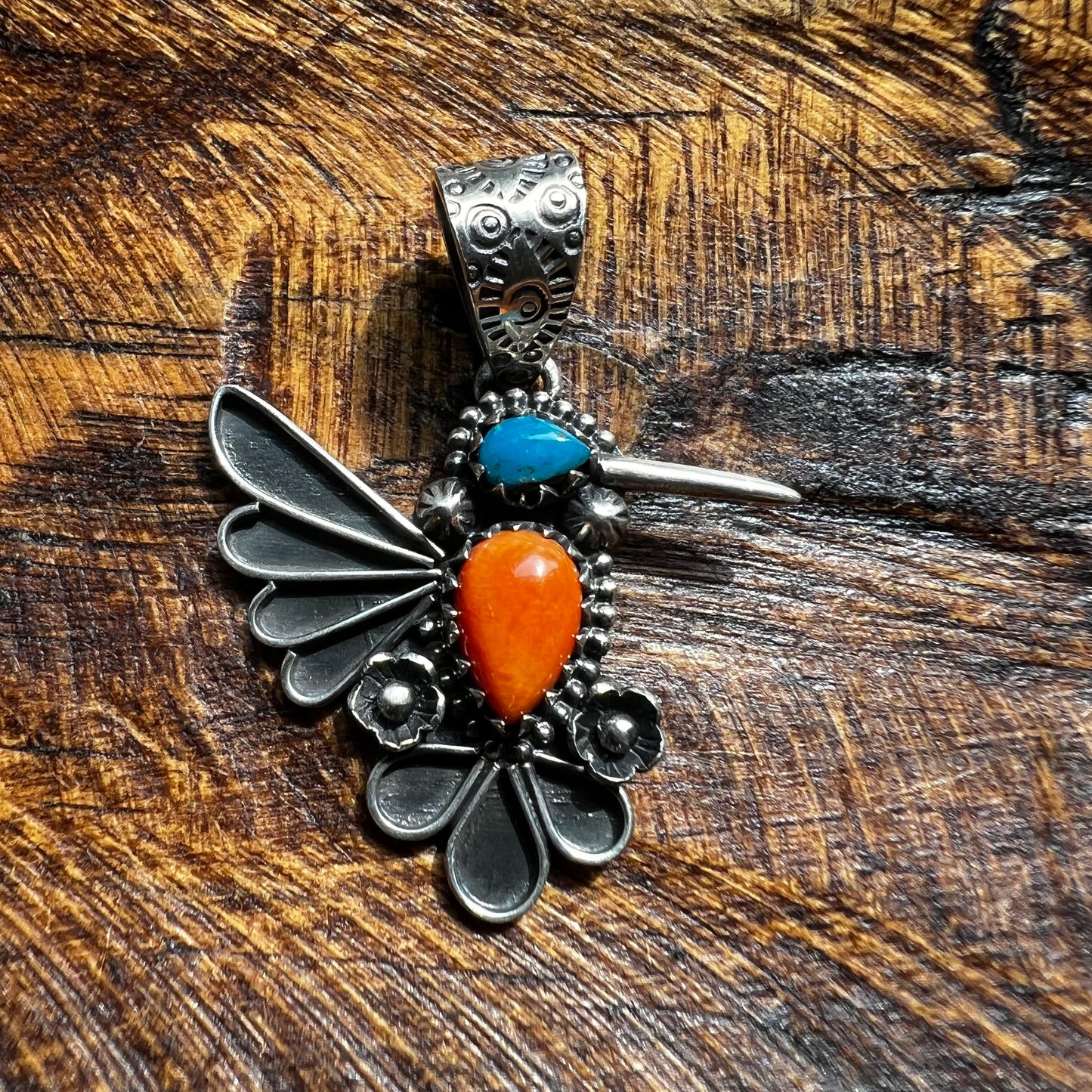 Sterling Silver Kingman Turquoise & Spiny Oyster Hummingbird Pendant