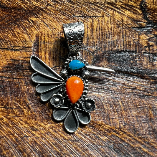 Sterling Silver Kingman Turquoise & Spiny Oyster Hummingbird Pendant