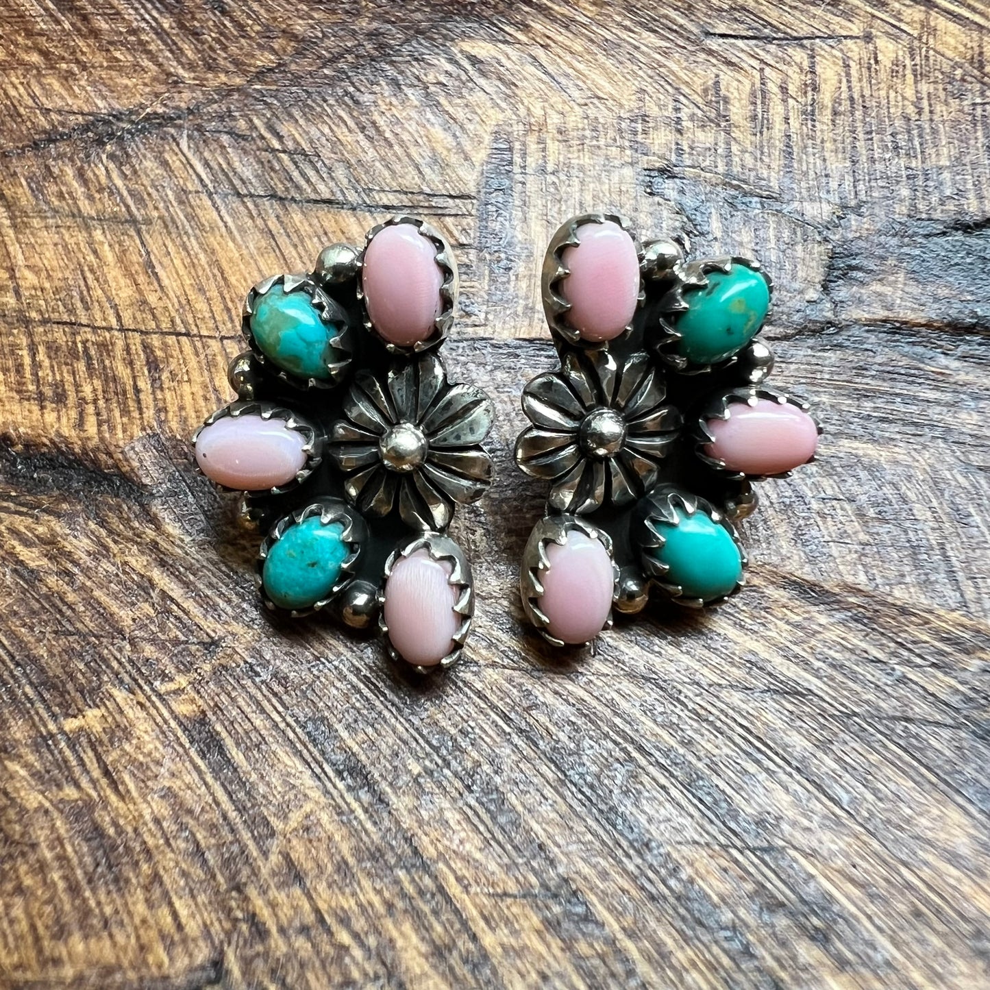 Sterling Silver Kingman Turquoise Pink Queen Conch Half Cluster Earrings