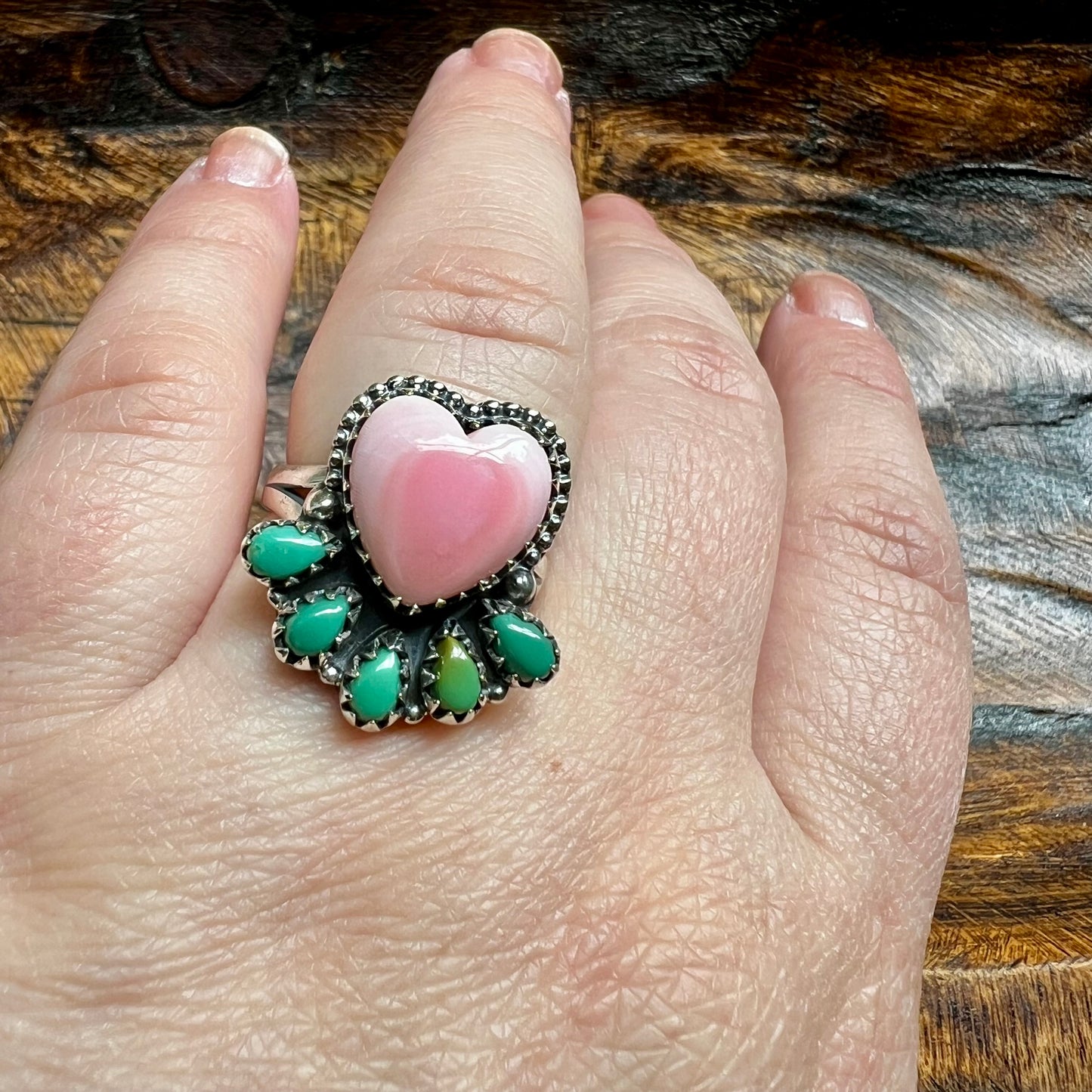 Pink Conch Heart & Kingman Turquoise Cluster Ring