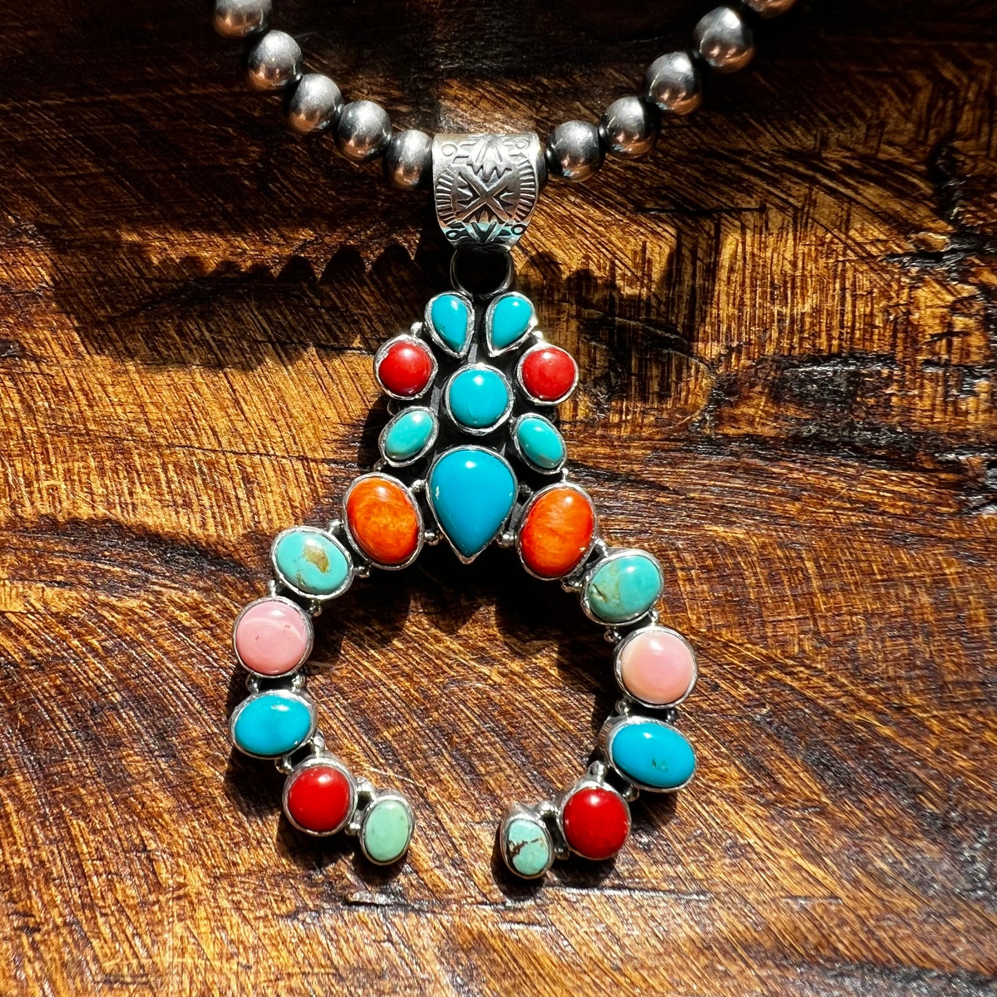 Multi Stone Naja Pendant – Kingman Turquoise, Coral & Conch – Sterling Silver