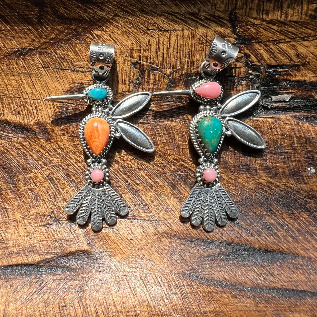 Sterling Silver Multi-Stone Hummingbird Pendant | Turquoise or Spiny Oyster