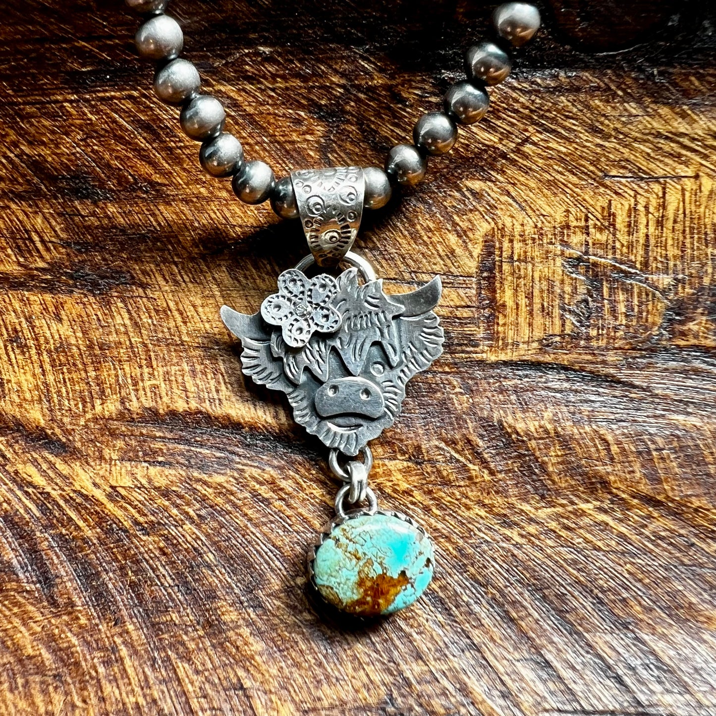 Highland Cow Kingman Turquoise Sterling Silver Pendant