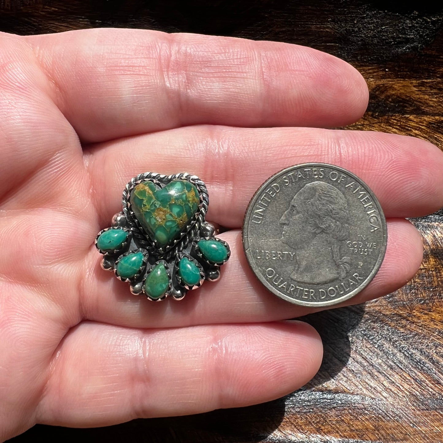 Kingman Turquoise Heart Cluster Ring – Sterling Silver Southwestern Statement | Size 8.75