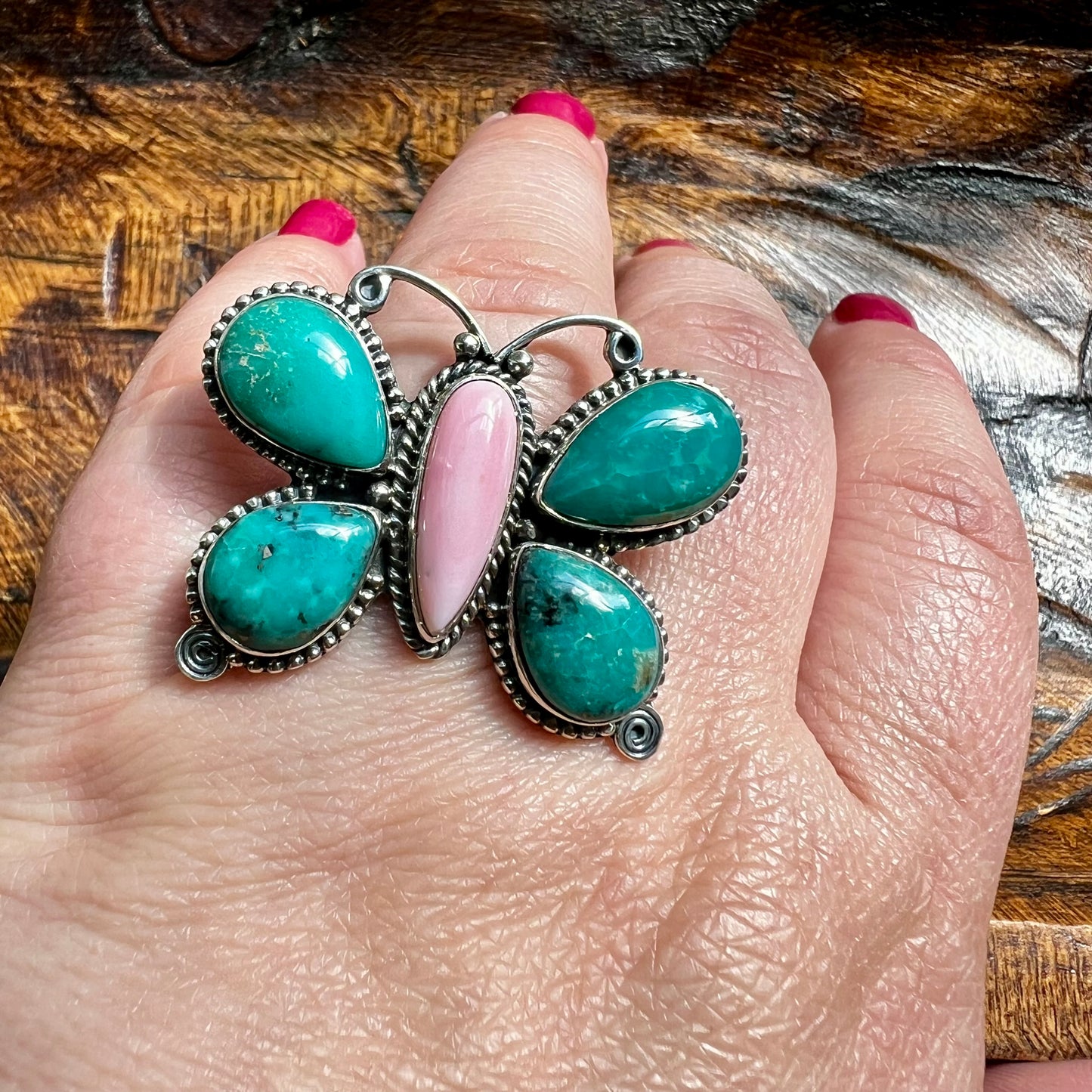 Kingman Turquoise & Pink Conch Butterfly Ring Sterling Silver Size 9