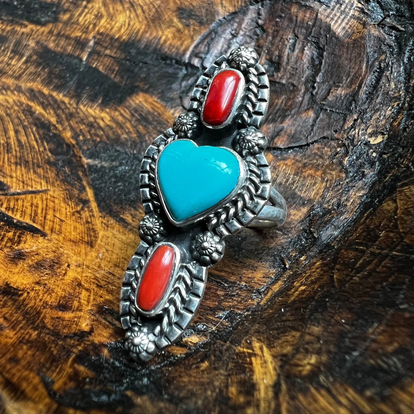 Sterling Kingman Turquoise Heart Italian Red Coral Ring Size 8