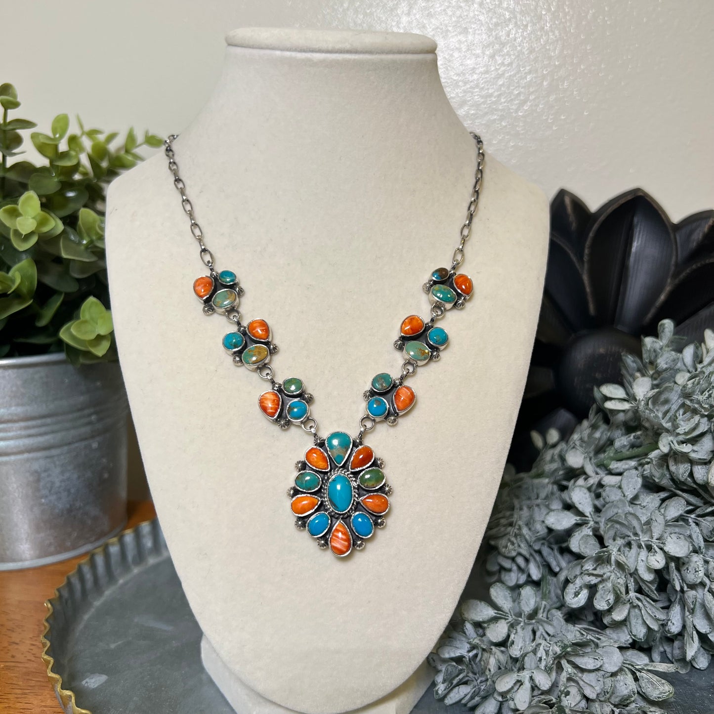 Collector’s Kingman Turquoise & Spiny Oyster Cluster Necklace – 29 Stone Statement
