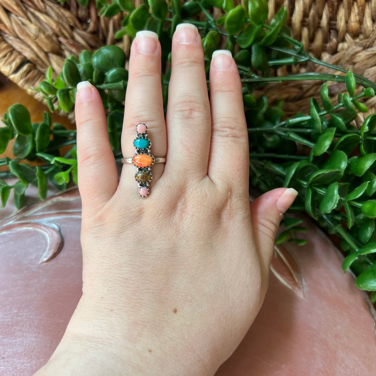 Sterling Silver Spiny Oyster Kingman Turquoise Queen Conch Adjustable Ring
