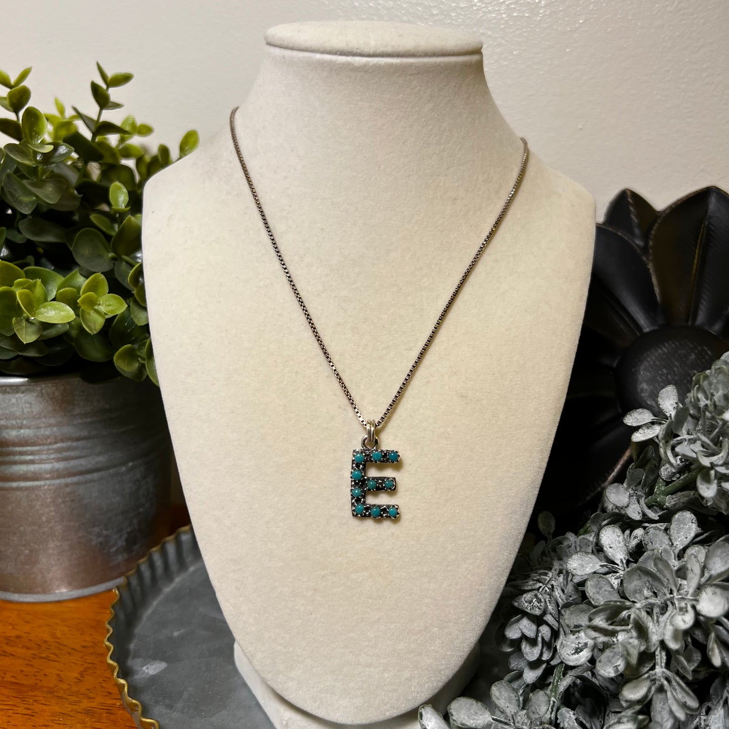Kingman Turquoise Initial E Sterling Silver Pendant