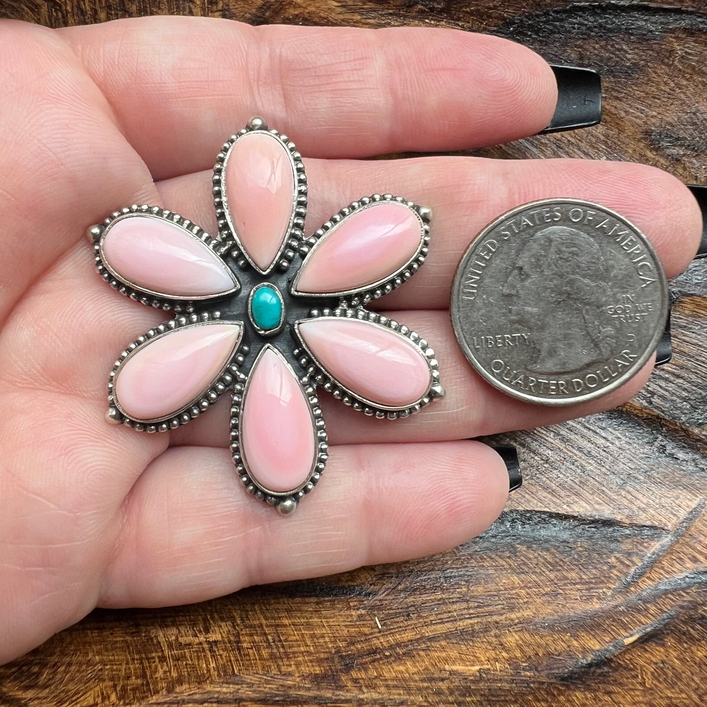 Queen Conch & Kingman Turquoise Flower Ring – Sterling Silver Statement | Size 8.5