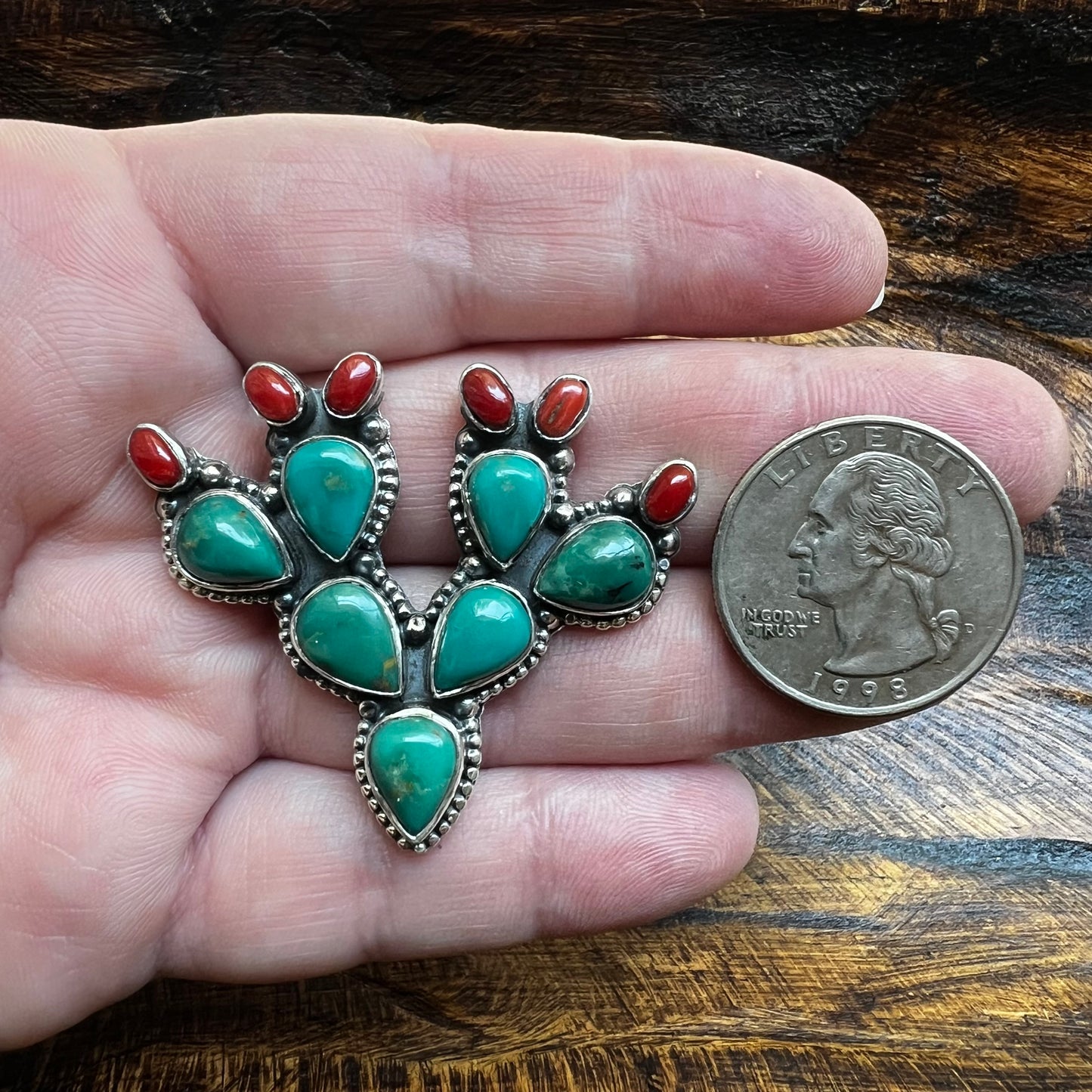 Sterling Kingman Turquoise Red Coral Cactus Ring Size 8 Statement Ring