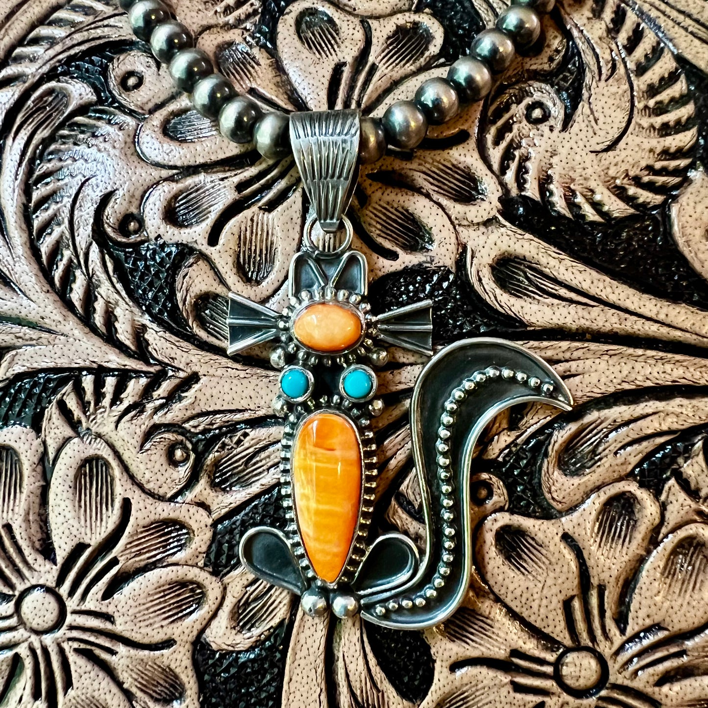 Handcrafted Sterling Silver Spiny Oyster & Kingman Turquoise Cat Pendant