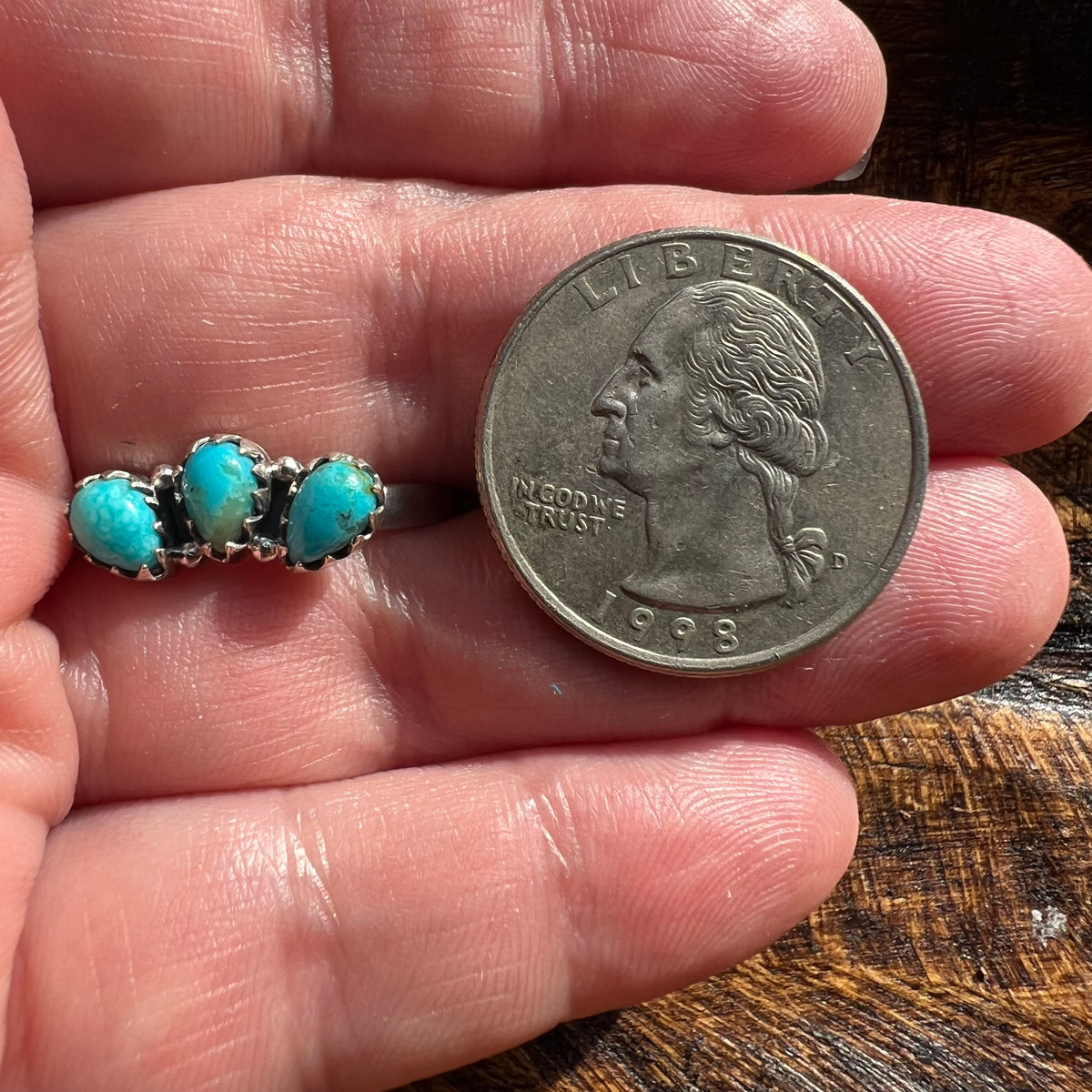 Sterling Silver Kingman Turquoise Three Stone Stacker Ring Size 10.5 Adjustable