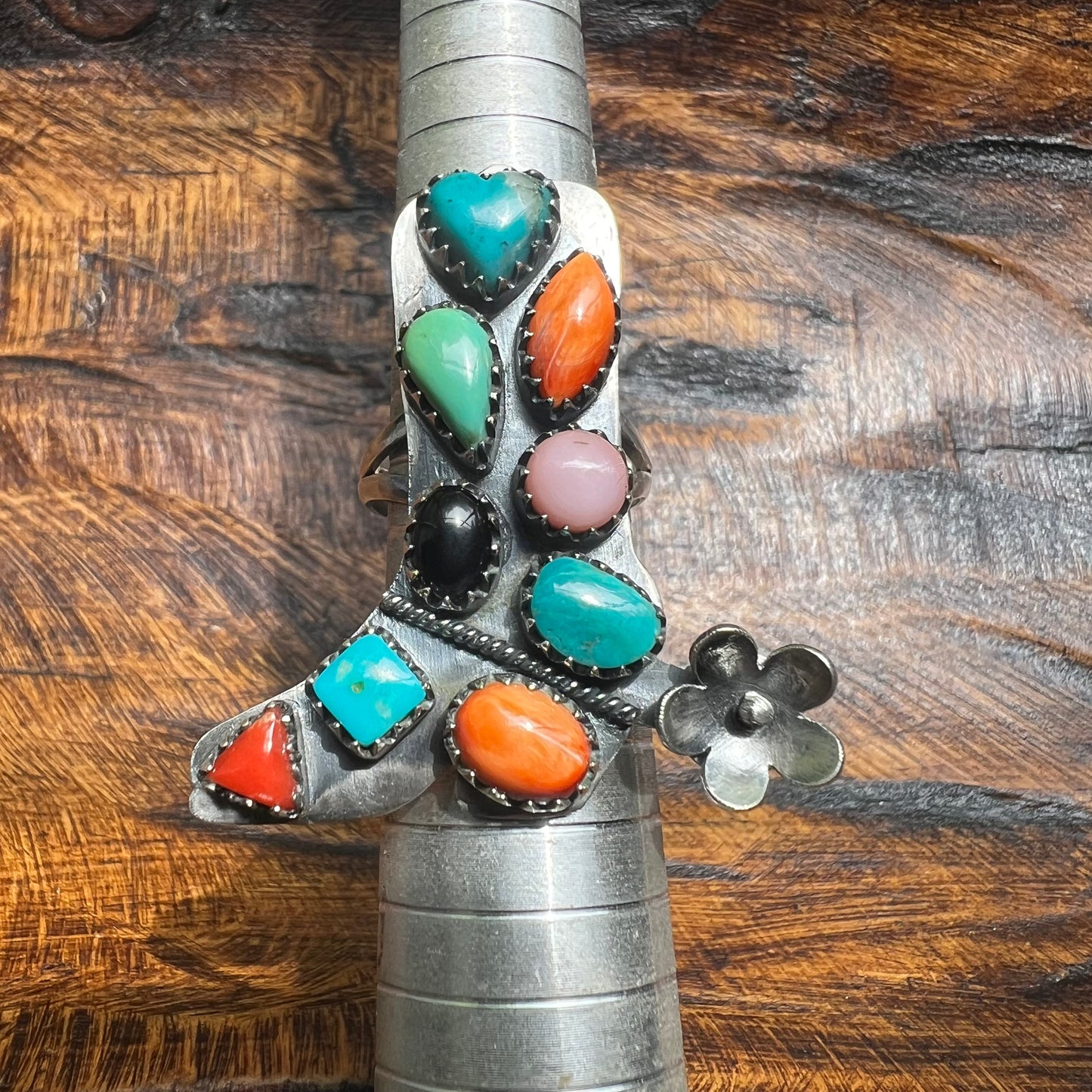 Sterling Silver Multi-Stone Cowboy Boot Ring with Spinning Spur – Size 8