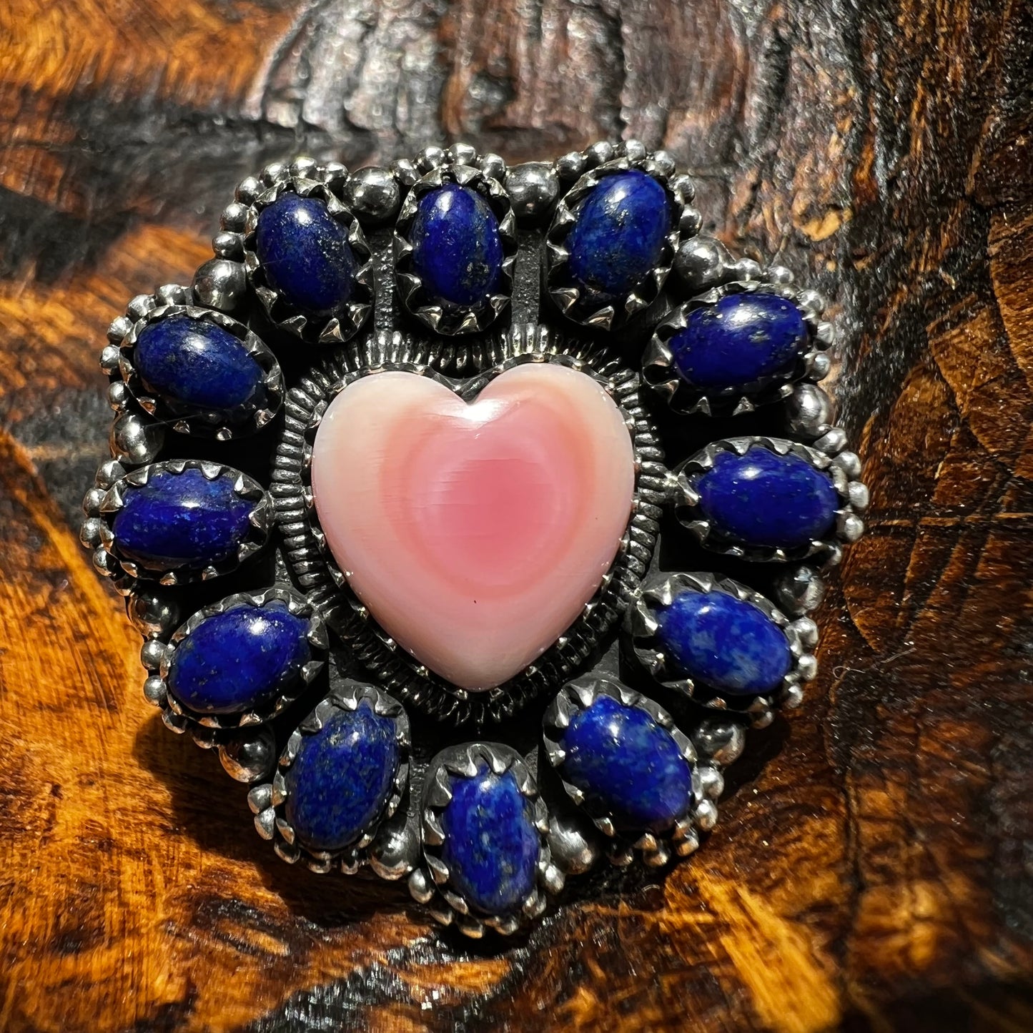 Pink Queen Conch Heart & Lapis Lazuli Statement Ring – Sterling Silver